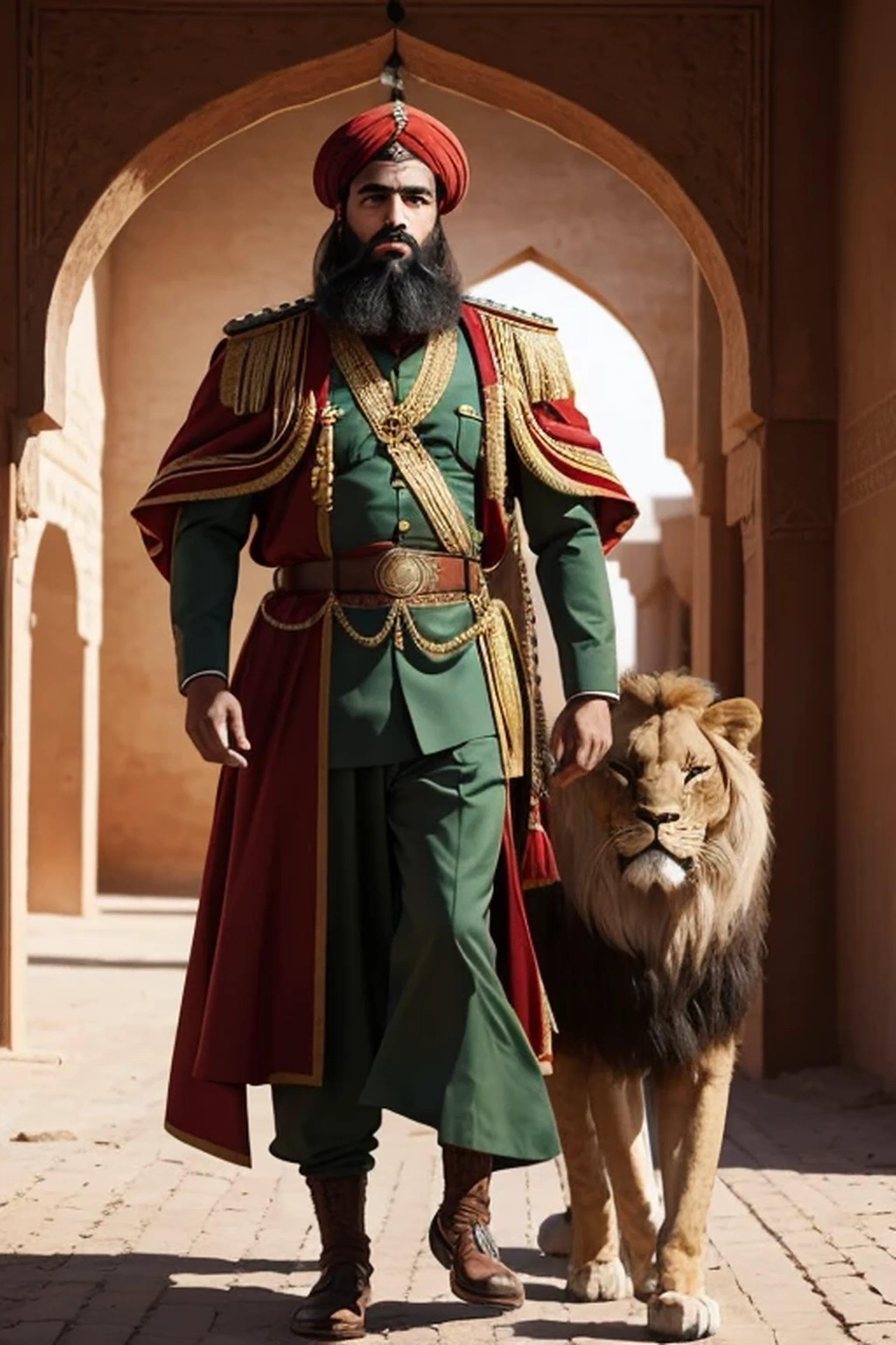 A strong Moroccan man with a thick beard, wearing traditional men&#39;s clothing inspired by the heritage and military uniform of Ras al-Jabal, with a powerful lion and a small gazelle next to him.