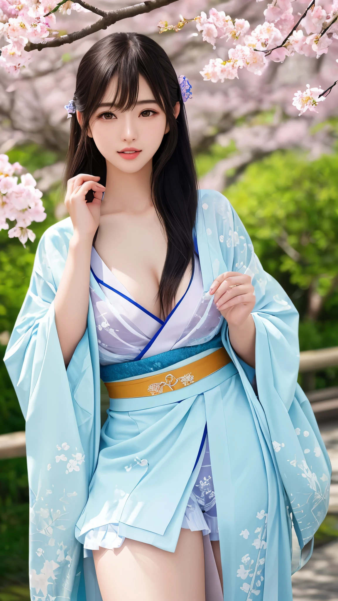 最high quality、high quality、Best image quality、8k、最High resolution、High resolution、最high quality、masterpiece、Detailed and realistic human body、Detailed and realistic skin、Realistic face in every detail、Realistic eyes down to the details、Realistic lips in every detail、Realistic teeth in every detail、Detailed and realistic ears、Detailed and realistic hair、Detailed and realistic weapons、Realistic reproduction of every detail、Realistic fingers in every detail、(Beautiful Hands、thumb1reference4)、Realistic feet down to the last detail、((Beautiful Japanese Girl))、(Japanese Model), (Japanese women)、((18 year old beautiful girl))、(Black Hair)、(Random Hairstyles)、((whole body))、((Beautiful upward-facing breasts))、(Small and slim figure)、(whole body光沢肌、Fair skin)、Soft natural light、Long-sleeved kimono、kimono、yukata、Japanese tradition、Japanese garden、((Sheer Mesh(花柄入りminikimonoを着用))、((Under the cherry tree(Poses to make your thighs look beautiful))