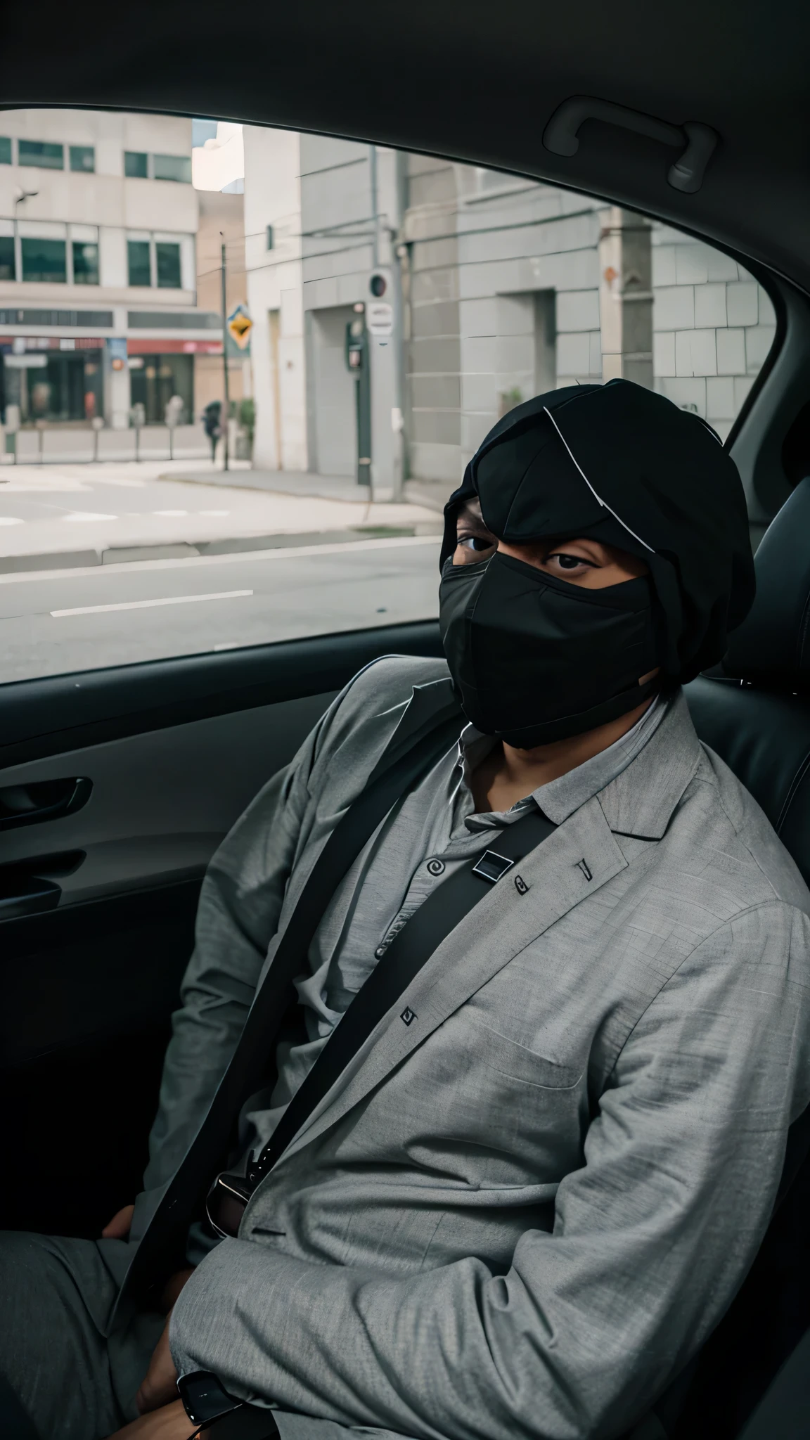Kidnapping inside a grey car in a black mask, man