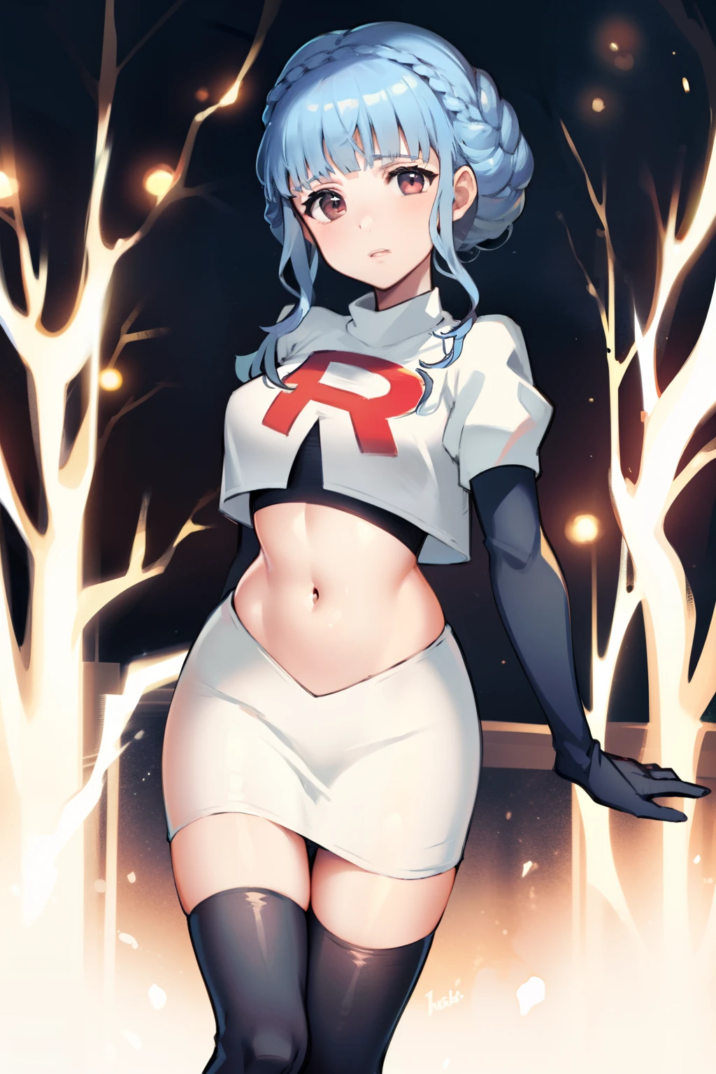 marianne von edmund, team rocket,team rocket uniform,white skirt,red letter R,crop top,black thigh-highs, looking at viewer, cowboy shot, night sky background