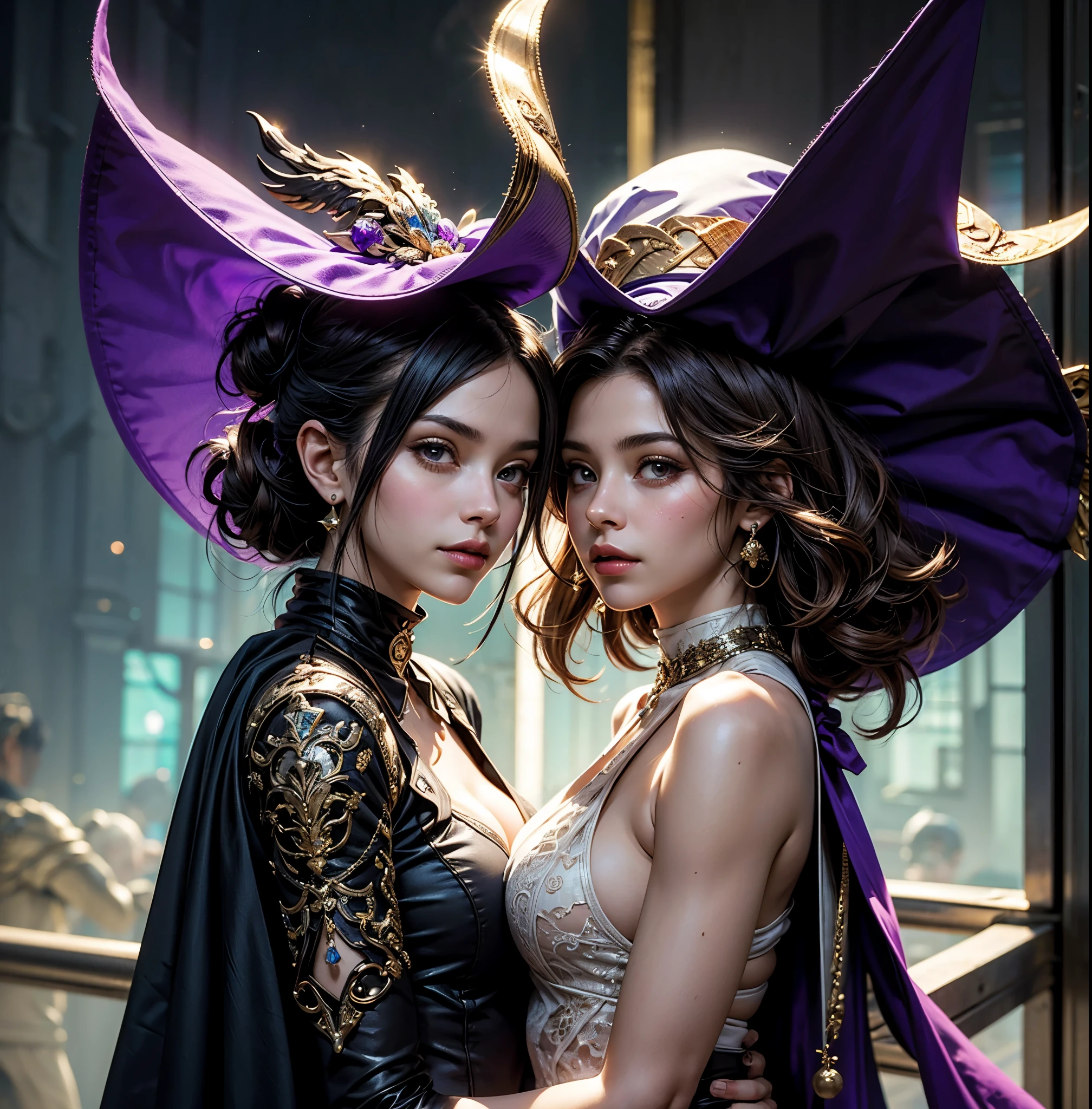 Obra maestra, 4k, altoly detailed, magia, Fantasy universe, Final Fantasy XIV bruja, Hermosa mujer vestida de maga_glam,  (white and purple wizard robe, falda estudiante morada, medias blancas media pierna, sombrero de mago:1.2), lanzando un hechizo, Vestido de mago brillante,Imagen clara de medio cuerpo, sonriendo al espectador, Purple-furred black mage, Cantidad extrema de detalles, (Make every pixel count to draw the most beautifully detailed art you can:1.1), analog style, colores brillantes, symmetrical, centrado, de cerca, femenino, athletic, adaptar, cintura estrecha, alto, piel bronceada, [(colorful explosion psychedelic paint colors:1.1)::0.125],  realista body proportions, realista, photo-realista, 8k, altoly detailed, Luz LED, luces laser,con sabor a frutas, (thepit bimbo:0.5), Lustroso,anatomically correct, symmetricalal anatomy,   