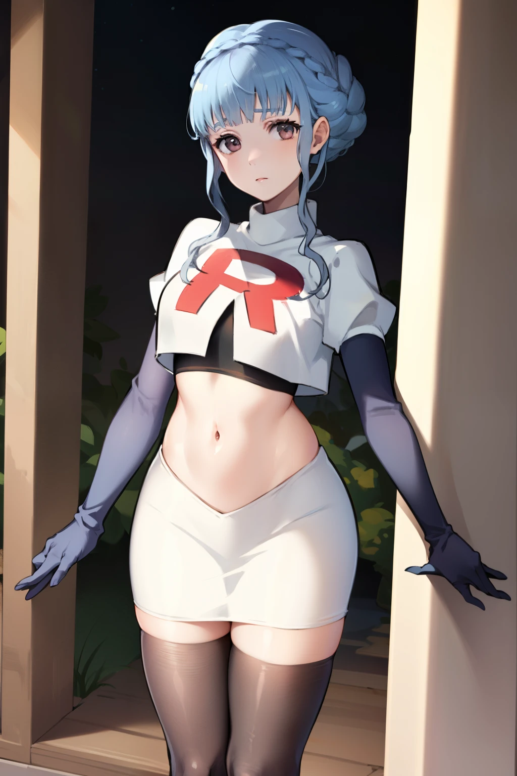 marianne von edmund, team rocket,team rocket uniform,white skirt,red letter R,crop top,black thigh-highs, looking at viewer, cowboy shot, night sky background