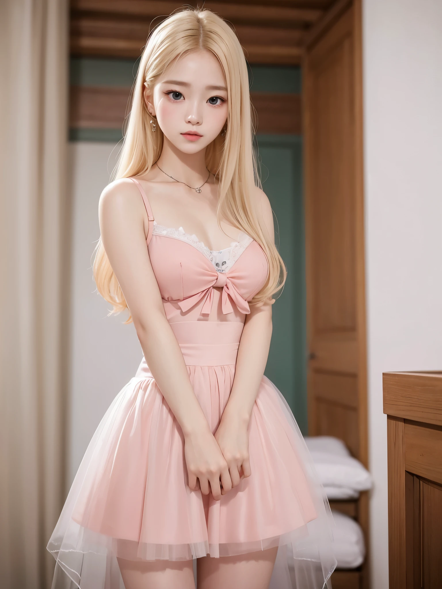 A young girl with very light blonde hair and pretty 20 years old, con cara de Wonyoung, Jang Wonyoung, doll eyes, estilo muy femenino, prendas con encaje, prendas rosadas. Chica japonesa, very tender asian girl with pale skin, ojos grandes, ojos de bambi, labios gruesos, ropa rosa, ella tiene el cabello muy largo, her face is pretty like a , se parece a Jang Wonyoung de ive, es Wonyoung, busto grande y notorio.