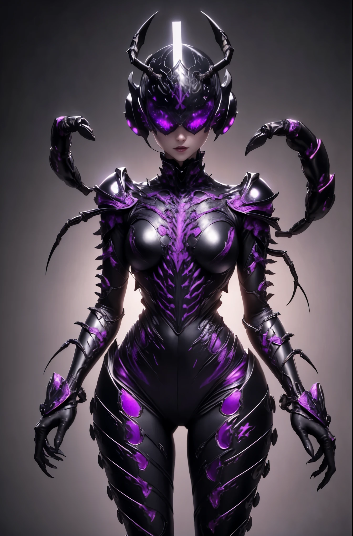 Beautiful girl fused with a scorpion. (High quality) （black and purple image color）gothic dress. body suit. cyber style. Circuit pattern. Biological Armor. Biological helmet. eye mask.
