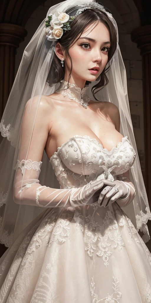 (LORA:Roxanne | Slave Harem in the Labyrinth of the Other World, blonde dog ears) Close-up of beautiful bride wearing beautiful wedding dress, Gurwitz, (bridal veil:1.5), (Transparent short veil:1.5), Blushing face, head flower, headgear, (tube top wedding dress: 1.5), (Silk dress: 1.2) (Strapless wedding dress: 1.5) pure white dress, necklace, earrings, (large breasts:1.3), Deep V peach heart collar wedding dress, bangs, lipstick, (lace gloves: 1.3), whole body, high detail RAW color art, Long white dress, whole body, place your hands behind your back
