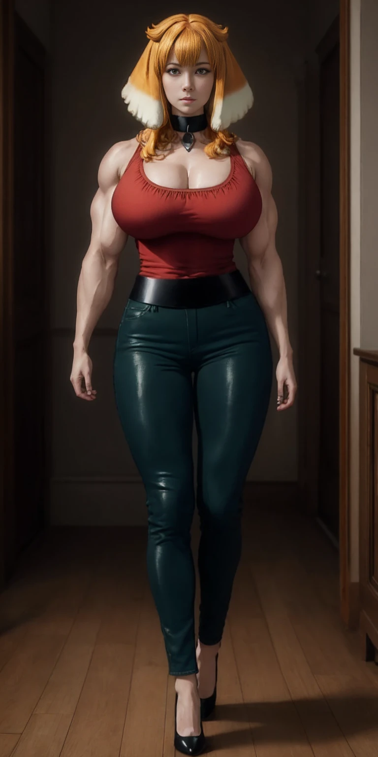 Masterpiece, burly woman, exaggerated large muscles, skinny pants, high-heels, standing on your feet, beautiful attractive face, full body like, single female, very fair skin, thin waist, very broad shoulders, strong and powerful arms, stout arms, strong and powerful leg muscles, looking to the camera, dog ears, fluffy dog ears