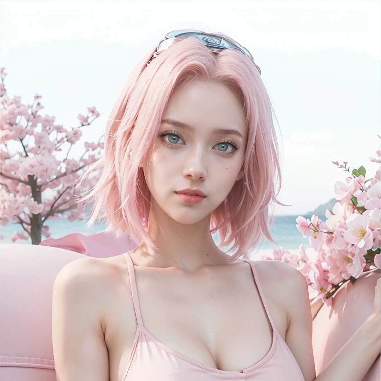 young woman, short shoulder-length pink hair, wide forehead, porcelain skin, pink eyebrows, big emerald green eyes, buttoned nose, full lips, heart-shaped face, slender body, small breasts, red tank top, Sakura Haruno , realistic, realism, details, 3d, well detailed