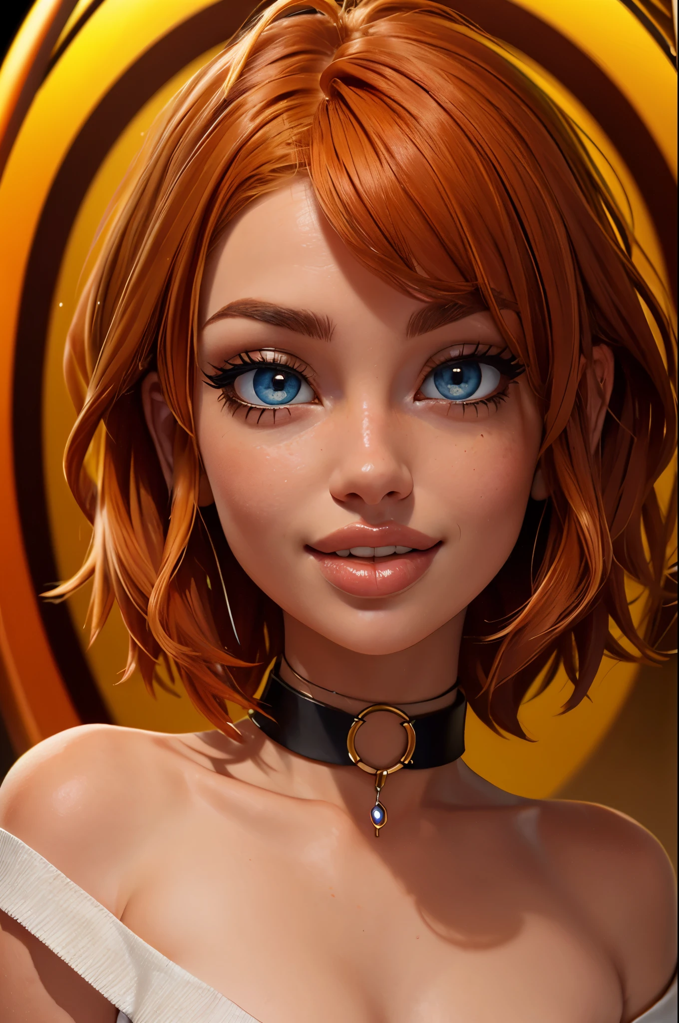 1girl, camera is at waist height, big clear eyes, eye contact, blowing a kiss, (medium breasts:1.2), (topless:1.1), choker, front view, parted lips, pulpy lips, bright orange hair, short messy hair, bangs, highly detailed, soft tones, extreme detail, dark background, (detailed textures:1.1), (plain background:1.2), gradient background, dramatic light, happy smile, hands reaching towards camera, high DOF