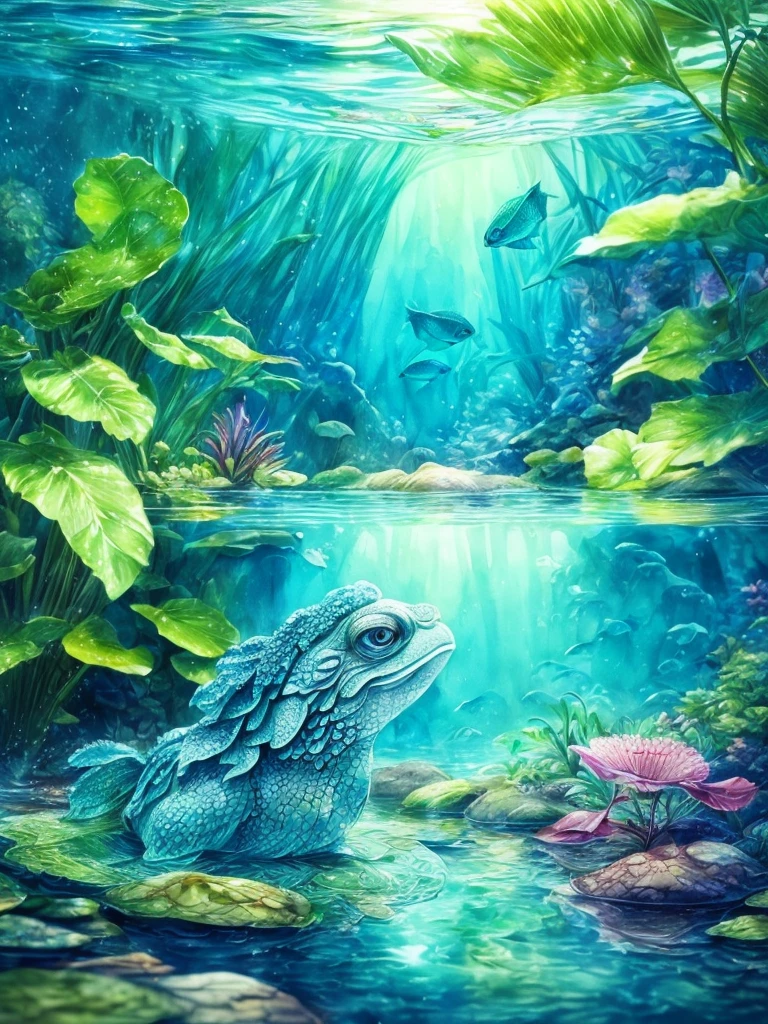 (((kappa))),creature in the river,watercolor,beautiful detailed scales,elegant flowing fins,captivating eyes,sleek body shape,(best quality,4k,8k,highres,masterpiece:1.2),ultra-detailed,(realistic,photorealistic,photo-realistic:1.37),vibrant colors,soft reflections,submerged plants,gentle ripples,harmonious lighting