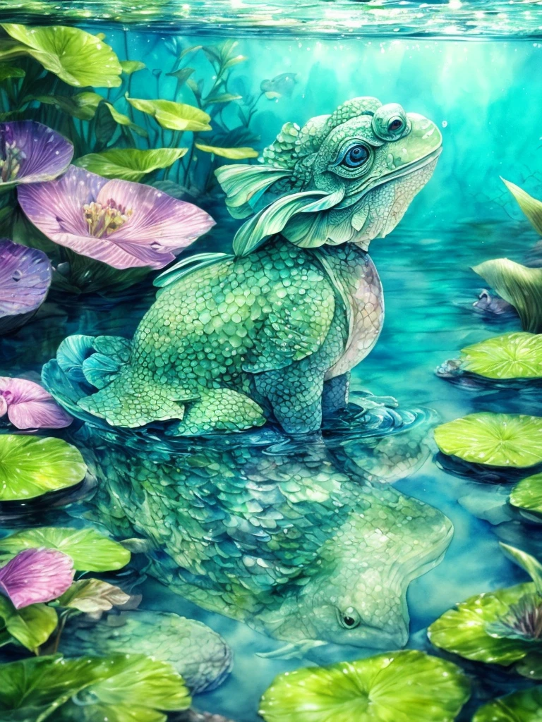 (((kappa))),creature in the river,watercolor,beautiful detailed scales,elegant flowing fins,captivating eyes,sleek body shape,(best quality,4k,8k,highres,masterpiece:1.2),ultra-detailed,(realistic,photorealistic,photo-realistic:1.37),vibrant colors,soft reflections,submerged plants,gentle ripples,harmonious lighting