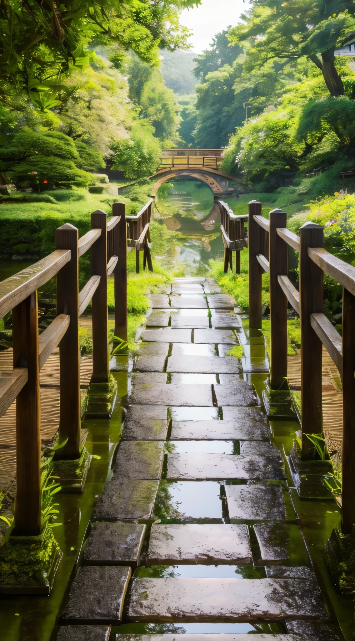 Highly detailed CG Unity 8k wallpaper, Realistic, Handcrafted by Guido Daniele, wearing kimono_Clothes, Wooden bridge, sakuramon, wreath,lace-trimmed kimono, Stone brick road, Wet roads, geta, Two-toed socks