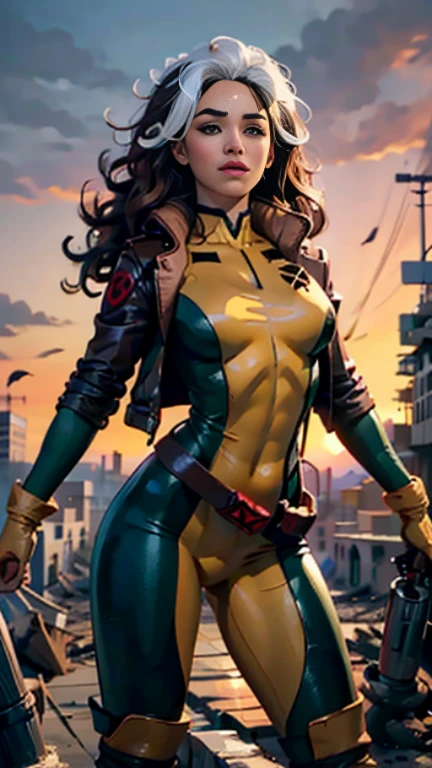 Emilia Clarke、Wet、Full body view, Long Hair, brown hair, Green Eyes, lipstick, compensate, lips,Emphasize cleavage、 sexy、White stripes in hair, like, Wavy Hair, Messy Hair, Curly Hair, middle～Large breasts, Surface Plot, ((Kelli Berglund:Bailee Madison:0.5)), 黄colorのスーツ, Jacket, gloves, belt, gloves amarillos, Green Suit, (Bodysuits:1.4), Traje multicolor, (Superhero:1.4), tight skin, Ropa multicolor, Garden and wisteria background, Official Art, extremely detailed CG 8k wallpaper, Perfect lighting, De color, bright_amount_method_Light, piel bright, (masterpiece:1.0), (Better_quality:1.0), Ultra-high resolution, 4k , Super detailed, Director of Photography, 8k, HDR, Altas ResoLightones, (Disorganized:1.2), Kodak Portrait 400, Film Grain, blurred background, (Bokeh:1.2), Lens flare, (Vibrant_color:1.2), Professional photography, (beautiful_method:1.5),More detailed 8K.Unreal Engine:1.4,Hmm,La Better calidad:1.4, Realistic:1.4, skin temperature:1.4, masterpiece:1.8,masterpiece, Better calidad,Object Object], (Detailed facial features:1.3),(Antesedentes apocalyptic destroyed city:1.4), (Apocalyptic Sunset:1.4)