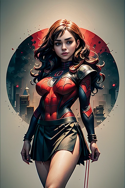 Emilia Clarke、stick out the navel、new york、She's wearing a torn Spider-Man suit,Wearing a skirt、 Red and black color scheme,dynamic、masterpiece、highest quality、Ultra-detailed、Very detailed、Beautiful sparkle in the details、超A high resolution