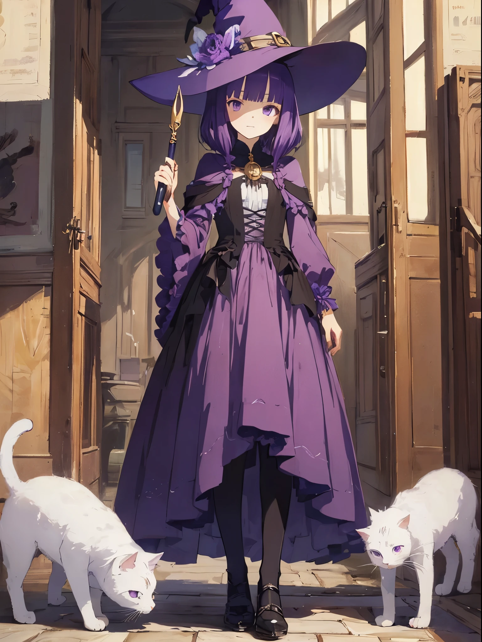 ((anime artstyle)),(Masterpiece),(Best Quality), (Super Detail),((Very Delicate and Beautiful)),1 girl,((full body portrait)),((solo)), woman, beautiful, witch, purple hair, purple eyes, wand, cats