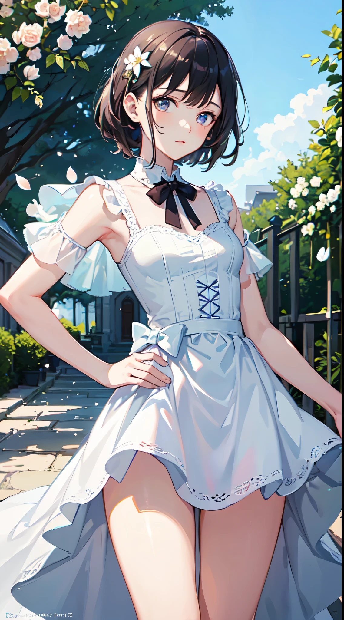 best quality,masterpiece,1girl,solo,(((13years old))),japanese girl,an extremely cute and beautiful girl,highly detailed beautiful face and eyes,petit,cute face,lovely face,baby face,shy smile,show teeth,black hair,medium short hair,small breasts,skinny,slender,(((wearing a white floral transparent loose mini French maid dress))),(((standing in a Castle garden))),she is looking at the viewer,hands lift up dress,(upskirt above the waist:1.1),(no panties:1.1),(legs spread wide:1.1),(no bra:1.1),(((NFSW))