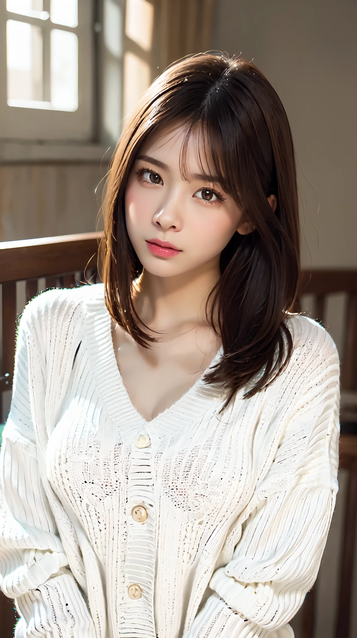 ((Wearing an oversized virgin-killing white sweater:1.5))、A beautiful and attractive 25-year-old Japanese woman, Perfect Proportions, Big Breasts, valley,  chest wide open, ((Brown eyes, Beautiful eyelashes, Realistic eyes)), ((Detailed face, Blushing:1.2)),Long black hair, Lying in bed、Official Art，Highly detailed CG Unity 8k wallpaper, (masterpiece:1.0),(highest quality:1.0), photo shoot, 8k, Browsing Caution, High resolution, Kodak Portrait 400, Film Grain, Lens flare brilliance,View your viewers