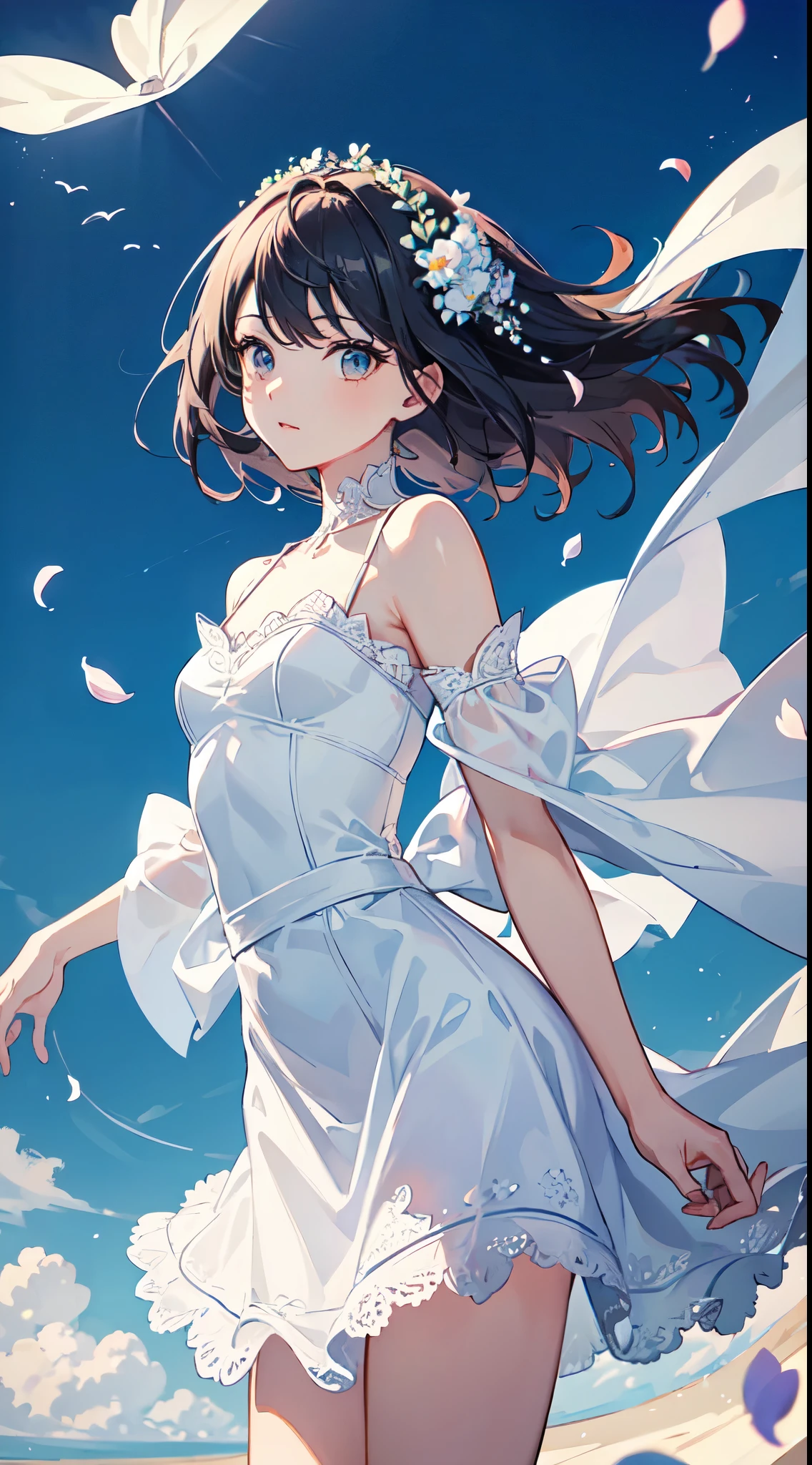 (masterpiece, best quality:1.6), white lace dress, cowboy shot, thighs, beautiful girl, (flowers, many small white petals:1.3), garden, blue sky, looking at viewer, small waist, official art, raw photo, incredibly absurdres, facelight, dynamic lighting, cinematic lighting, ultra realistic, highres, photography, sharp focus, highest detailed, extreme detailed, ultra detailed, finely detail, extremely detailed eyes and face