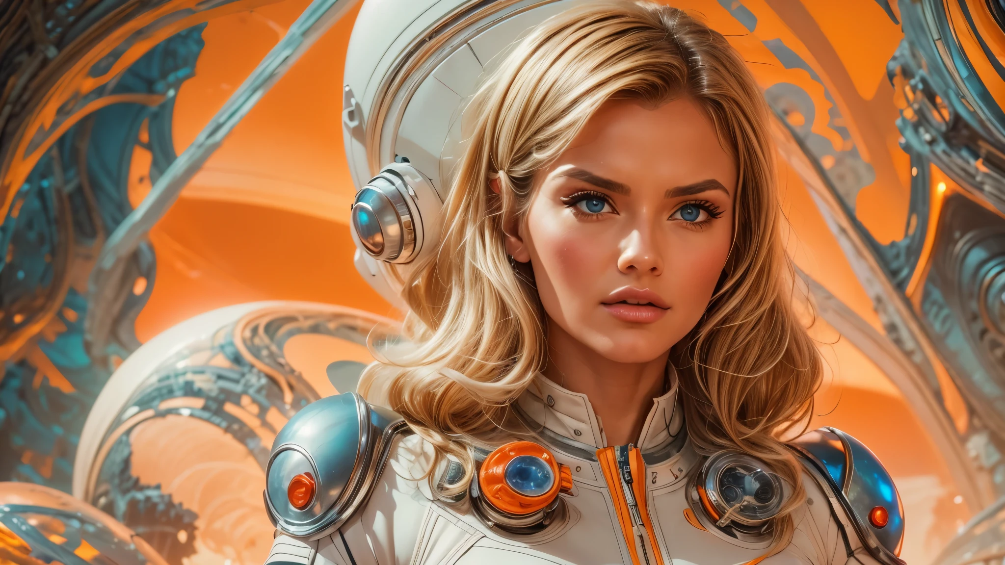 arafed image of a white woman in a futuristic suit with a spaceship in the background, movie art, in front of an orange background, inspired by Robert McGinnis, female protagonist, megastructure in the background, portrait of an ai astronaut, astronauts, an astronaut, portrait of a astronaut skeletor, perfect android girl, detailed eyes, perfectly detailed teeth, frank franzzeta and sakimichan