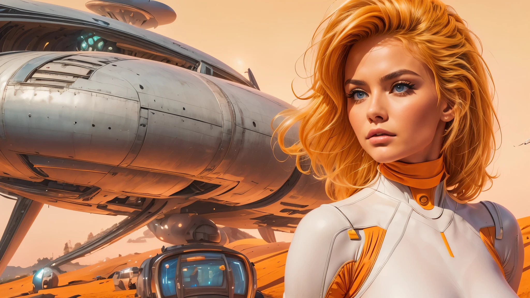 arafed image of a white woman in a futuristic suit with a spaceship in the background, movie art, in front of an orange background, inspired by Robert McGinnis, female protagonist, megastructure in the background, portrait of an ai astronaut, astronauts, an astronaut, portrait of a astronaut skeletor, perfect android girl, detailed eyes, perfectly detailed teeth, frank franzzeta and sakimichan