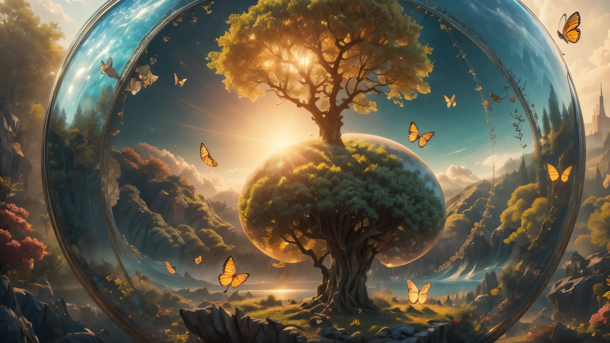 (masterpiece),(best quality:1.0), (ultra highres,), detailed, a glass ball with a tree inside of it, digital art, cg society contest winner, butterflies and sunrays, concept art design illustration, beautiful digital illustration, closed ecosystem