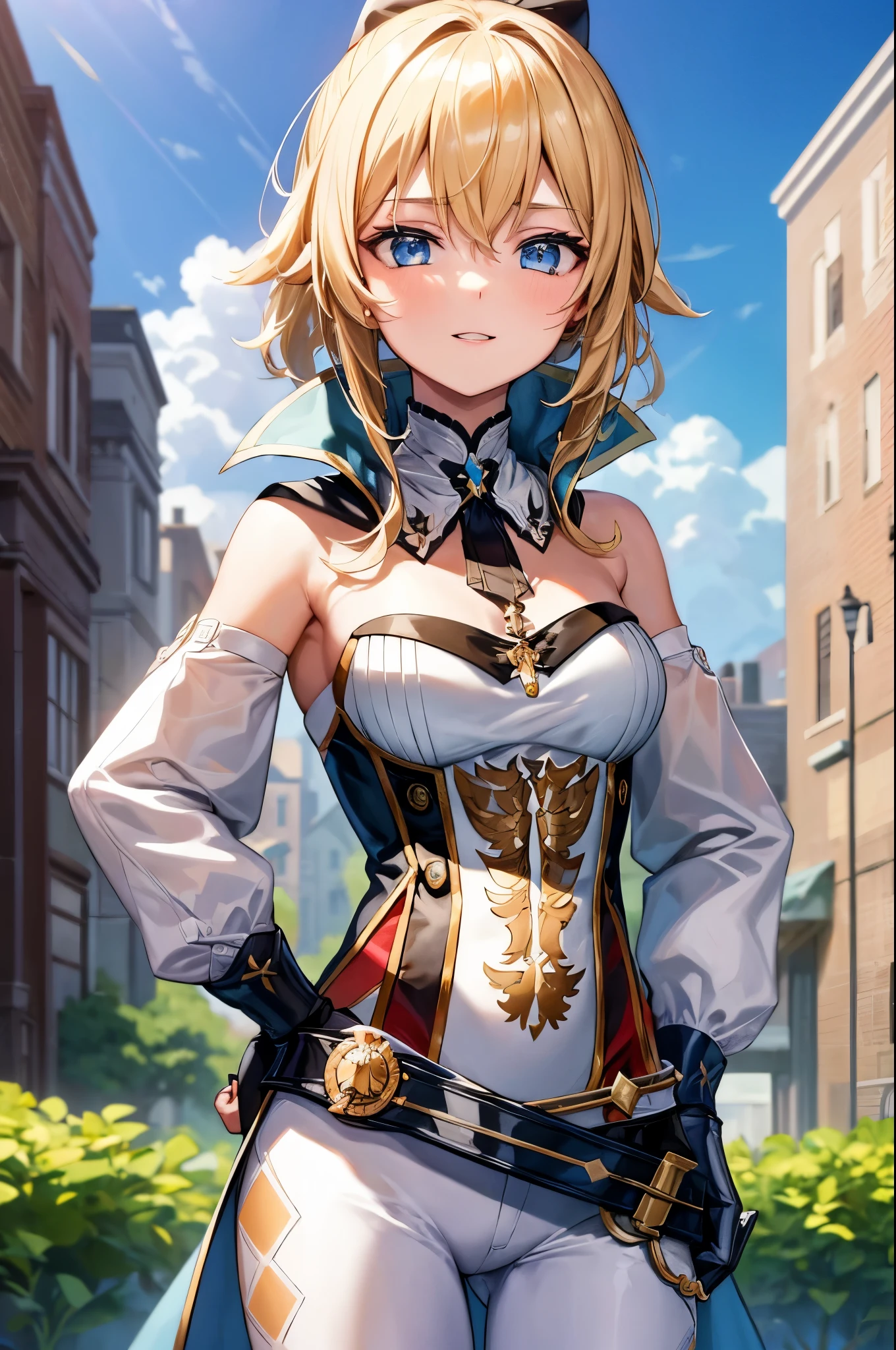 (masterpiece, best quality:1.2), expressive eyes, perfect face, highres, 1girl, solo, jeanfavonian, short hair, blonde hair, city, day, standing, happy, parted lips, hands on hip, upper body, looking at the viewer