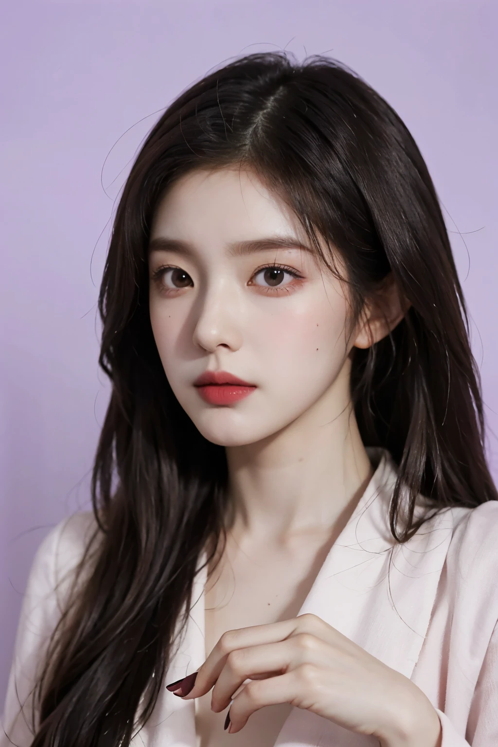 Araped woman in multi-colored fashionable clothes, dynamic pose, Popular fashion and hairstyles in Korea, solid color background, Violet Myers, No makeup, wavy hair, without makeup, Profile picture, Use Instagram Filters, Subtle soft and dim light, perfect face, julia sardinian, perfect hands, selfie,halfbody, The gaze is straight ahead,