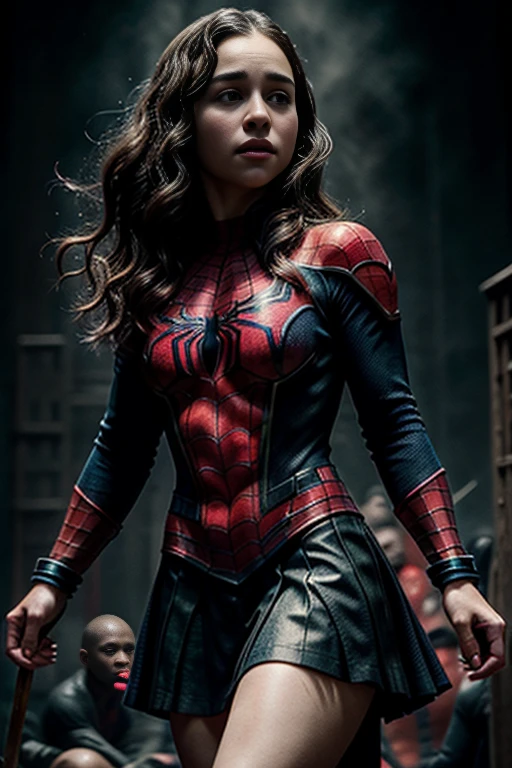 Emilia Clarke、stick out the navel、new york、She's wearing a torn Spider-Man suit,Wearing a skirt、 Red and black color scheme,dynamic、masterpiece、highest quality、Ultra-detailed、Very detailed、Beautiful sparkle in the details、超A high resolution