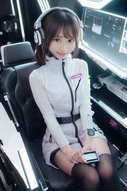 ((NSFW: 1.4)), (acrobatic pose):10,((Detailed face, Professional photography)), ((NSFW, zettai ryouiki, 1 girl)), Ultra-high resolution, (Realistic: 1.4), RAW Photos, highest quality, (PhotoRealistic Stick), concentrated, Soft Light, ((30 years old)), ((Japanese)), (( (Young Face))), (surface), (Depth of written boundary), masterpiece, (Realistic),(inside ISS):3, woman, ,astrovest:2,headphone:2,smartwatch,,bangs, ((1 girl)),(black sleeves):2,(black tights):2,inside spacestation,inside spacecraft,,zero gravity,smile,open leg,blush:1.5,hidden hands,neotech
