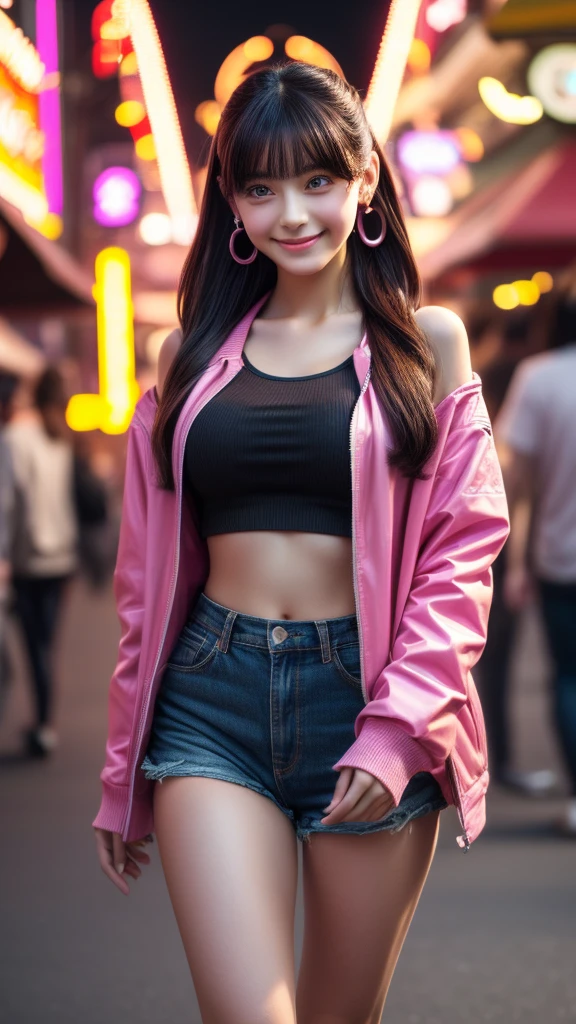 Photorealistic, masterpiece, Best Quality, Raw photo, 1girl, Solo, Cute Japan, Twin-tailed, Dark Brown hair, Detailed face, alluring face, pretty cute smile、pink eyes, earrings、Neon Shirt、Open jacket、croptop, medium breasts, Dynamic Pose, Looking at Viewer, From below, Detailed amusement park background, high detailes, Ray tracing, depth of fields, lowkey, cinematic lightings, realistic skin, full body