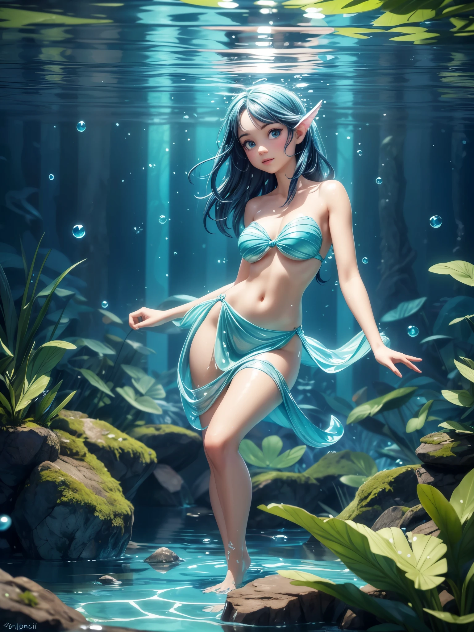 high details, best quality, 16k, [ultra detailed], masterpiece, best quality, (extremely detailed), dynamic angle, ultra wide shot, RAW, photorealistic, fantasy art, dnd art, rpg art, realistic art, an ultra wide picture of a sea elf (1.5 intricate details, Masterpiece, best quality) water mage casting ((water control spell)), water wizard ((water magic, intense magic details)), ((controlling a swirling mass of water)), magical symbols GlowingRunes_pink, female sea elf, blue skin, green hair, long hair, swirling hair, intense eyes, small pointed ears, ((blue eyes)), ((glowing eyes)), armed with magical wand, wearing sea shell clothing, beautiful elf, underwater background, rich underwater life, ((magical atmosphere)), fish and sea weeds, high details, best quality, highres, ultra wide angle