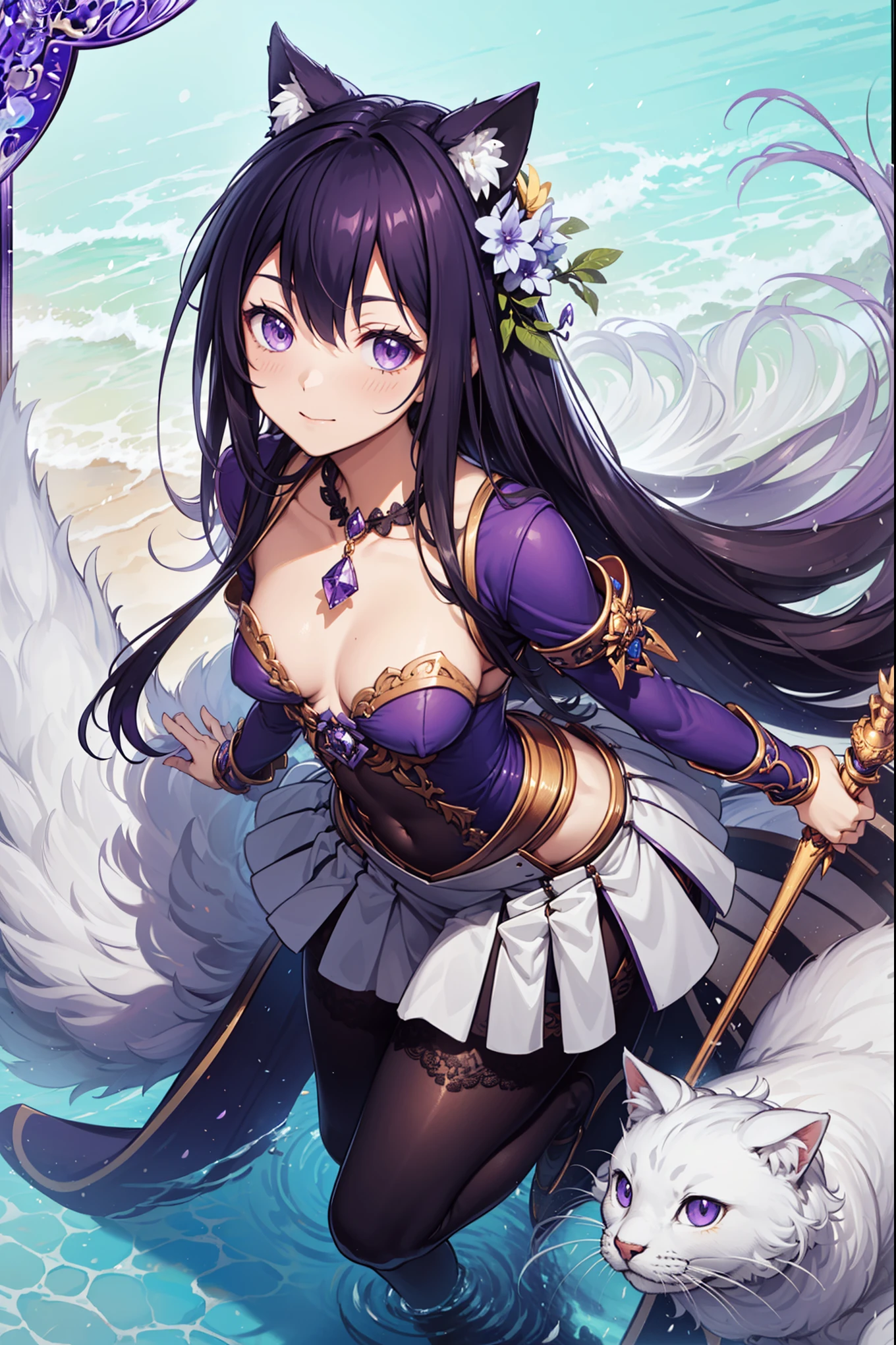 (Best quality, A high resolution, Textured skin, High quality, High details, High details,Extremely detailed CG unity), Enchanted，having fun，Being in love，witch in fantasy world，purple hair, purple eyes，A small amount of lilac pattern，A small amount of sky blue cloth，exquisite costumes，solo person，the night，Simple pantyhose，A small amount of lace，Dazzle, woman, beautiful, witch, purple hair, purple eyes, wand, cats, (holding wand:1.2)