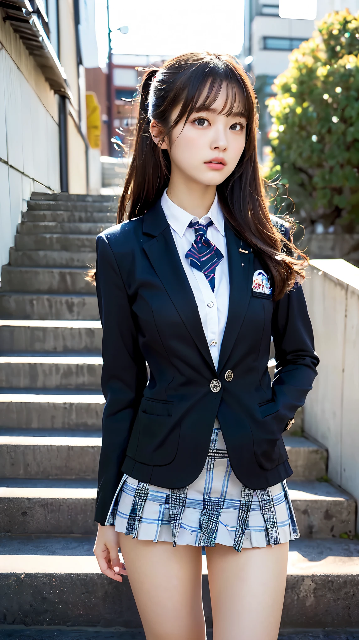 (Beautiful and detailed skin,Perfect Anatomy),At dusk,Sunset sky,14 years old,cute,Black Hair,ponytail, full body shot, Beautiful detailed girl, Highly detailed face, Detailed beautiful eyes, ((Japanese Girls, High , School Blazer:1.5)), City stairs、looking up from the bottom of the stairs、Very embarrassed, ((The wind blew up her skirt、Panties can be seen glimpsed:1.5))、Official Art，Highly detailed CG Unity 8k wallpaper, (masterpiece:1.0),(highest quality:1.0), photo shoot, 8k, Browsing Caution, High resolution, Kodak Portrait 400, Film Grain, Lens flare brilliance,View your viewers