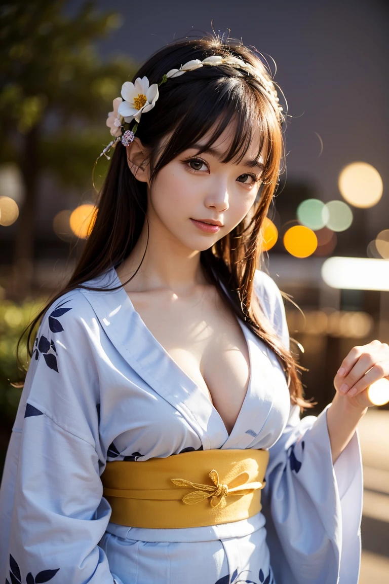 (masutepiece, Best Quality:1.4), Beautiful face, 8K, 85 mm, absurderes, (floral pattern yukata:1.4), The upper part of the body, Exposing breasts、 violaceaess, gardeniass, Delicate girl, Solo, Night, Looking at Viewer, Upper body, Film grain, chromatic abberation, Sharp Focus, face lights, Professional Lighting, Sophisticated, (Smile:0.4), cleavage, (Simple background, Bokeh background:1.2), Detail Face