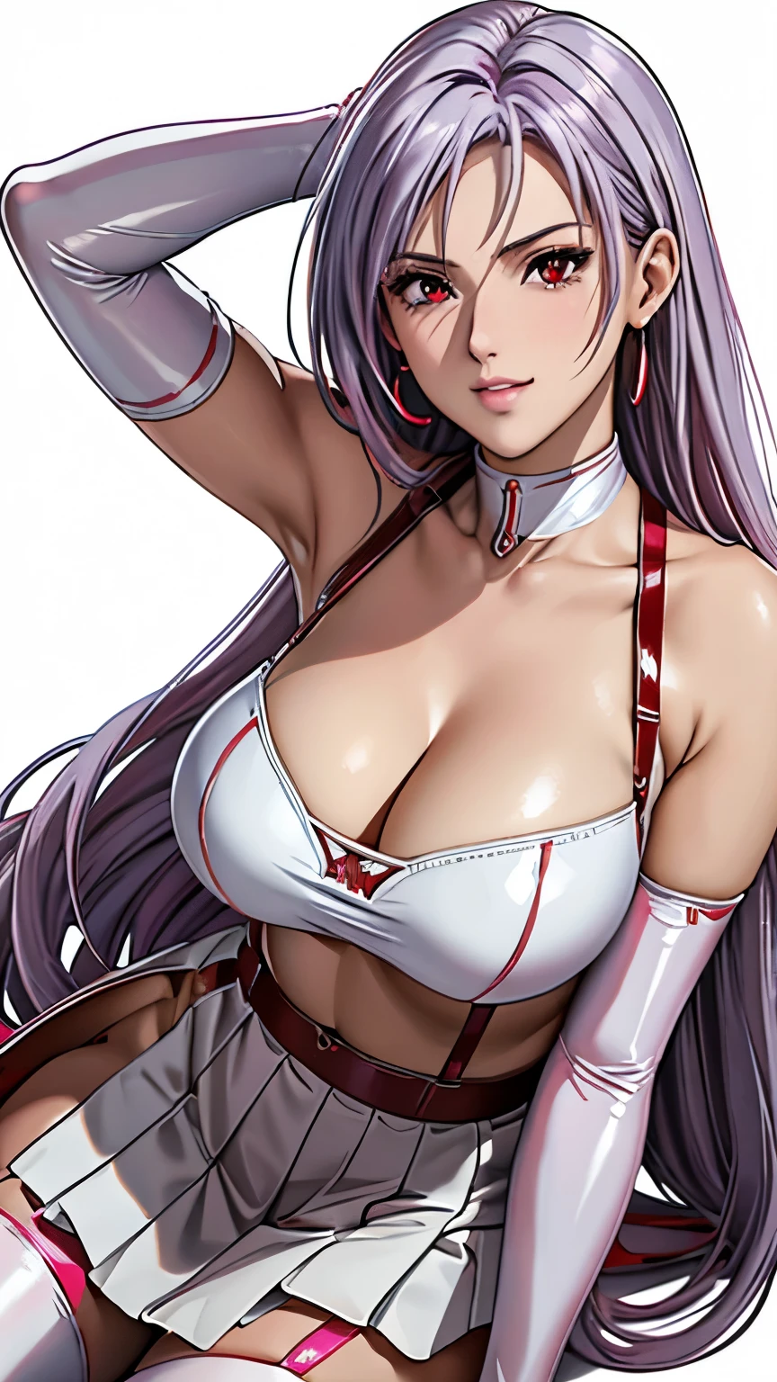 red eyes, (highest quality, masterpiece painting:1.3), immature woman, , (half body shot), masterpiece, ultra high resolution, (Photoreal:1.0), ((light purple hair)),straight hair, beautiful shining hair, white and shining skin, ((Ultra realistic details)), octane rendering, highly detailed face, (big breasts:0.8), bare shoulder, light red pvc outfit, (light red pvc serafuku:1.3), (light red pvc pleated skirt), light red pvc elbow gloves, light red pvc thigh boots, (garter straps:1.2), Fabric Glows, open neckline, cleavage, perfect body, soft skin, silver earrings, (pure white background:1.4), sharp focus, intricate details, professional artwork, (bright colors:1.1), bright colors, diffused lighting, digital blending, ultra-definition body, ultra detail hair, super detailed face, that'It's trending on pixiv, top button open, Cute gaze, compensate, perfect lips, perfect compensate, Ultra-precision coating, (light_smile:0.8), (smugness:1.2),blush your nose,