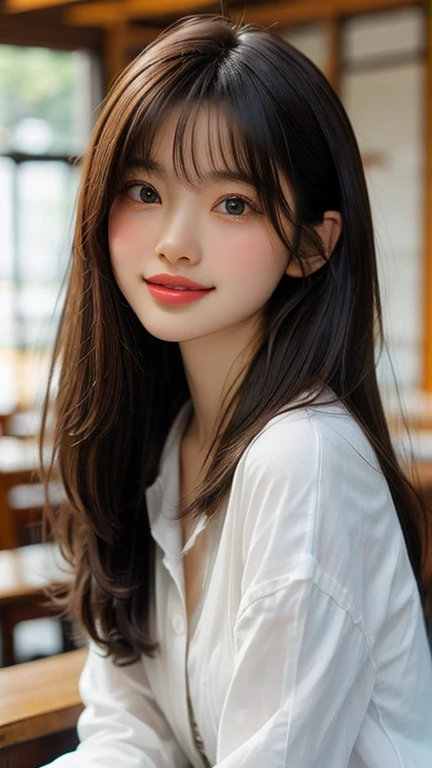 Best image quality, Focus, Soft light, Black hair, (Japanese)), (((Front, ars old) (Depth of field), Ultra high resolution, (Real: 1.4), RAW photo, (( school teacher outfit)), smiling face, at school
