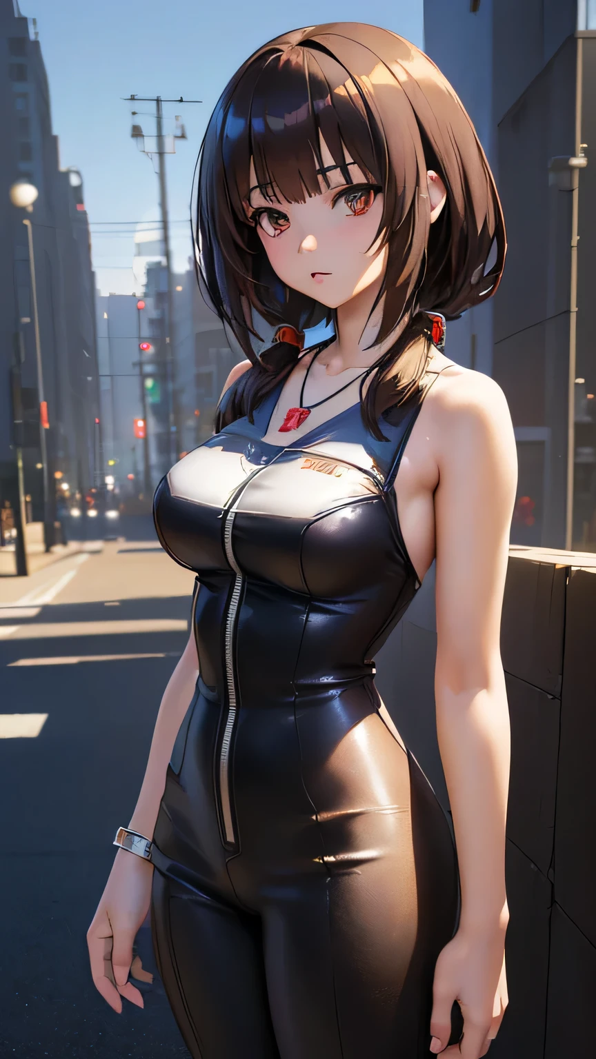  ((Anime girl with brown hair hair and white very short dress with necklace, beautiful character painting, soft anime computer graphics, realistic anime art, beautiful anime woman, Cyberpunk, futurism, tight jumpsuit, anime girl rendering, Makoto Shinkai and Artgerm, realistic 3D anime style, anime realism style, digital art in anime style, beautiful anime girl)),