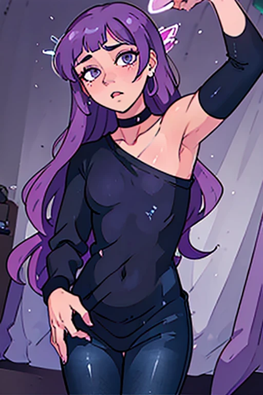 best quality, masterpiece, solo, 1boy, femboy, embarrassed, looking at viewer, NSFW, gentle curves, long lavender hair, androgyny body, baby blue oversized sweater, high-waisted skinny jeans, choker necklace, flower clips on hair, purple bedroom, night setting, neon lights