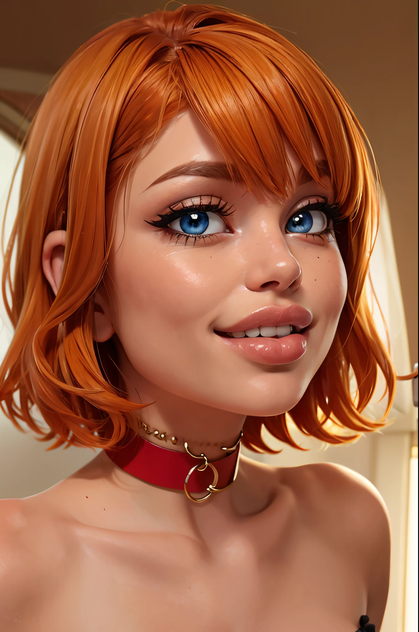 1girl, big clear eyes, eye contact, (small breasts:1.2), red choker, wide view, parted lips, pulpy lips, bright orange hair, showing off skirt, short messy hair, bangs, highly detailed, soft tones, extreme detail, no background, (detailed textures:1.1),  dramatic light, happy smile, high Depth Of Field, slight fisheye lens