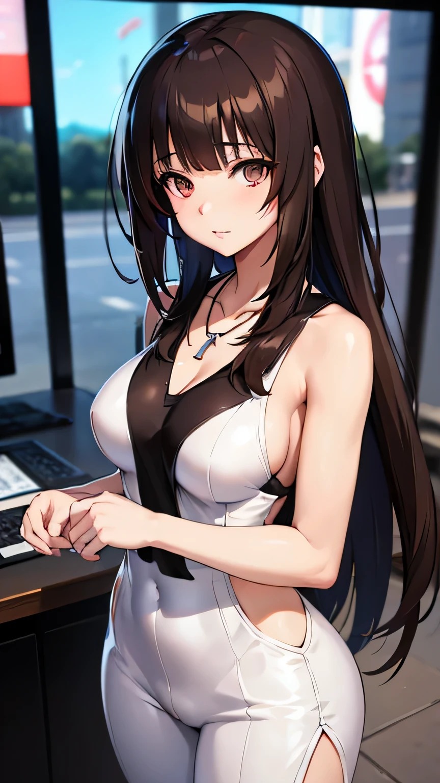 ((Anime girl with brown hair hair and white very short dress with necklace, beautiful character painting, soft anime computer graphics, realistic anime art, beautiful anime woman, Cyberpunk, futurism, tight jumpsuit, anime girl rendering, Makoto Shinkai and Artgerm, realistic 3D anime style, anime realism style, digital art in anime style, , very sexy, beautiful anime girl, random angle)),