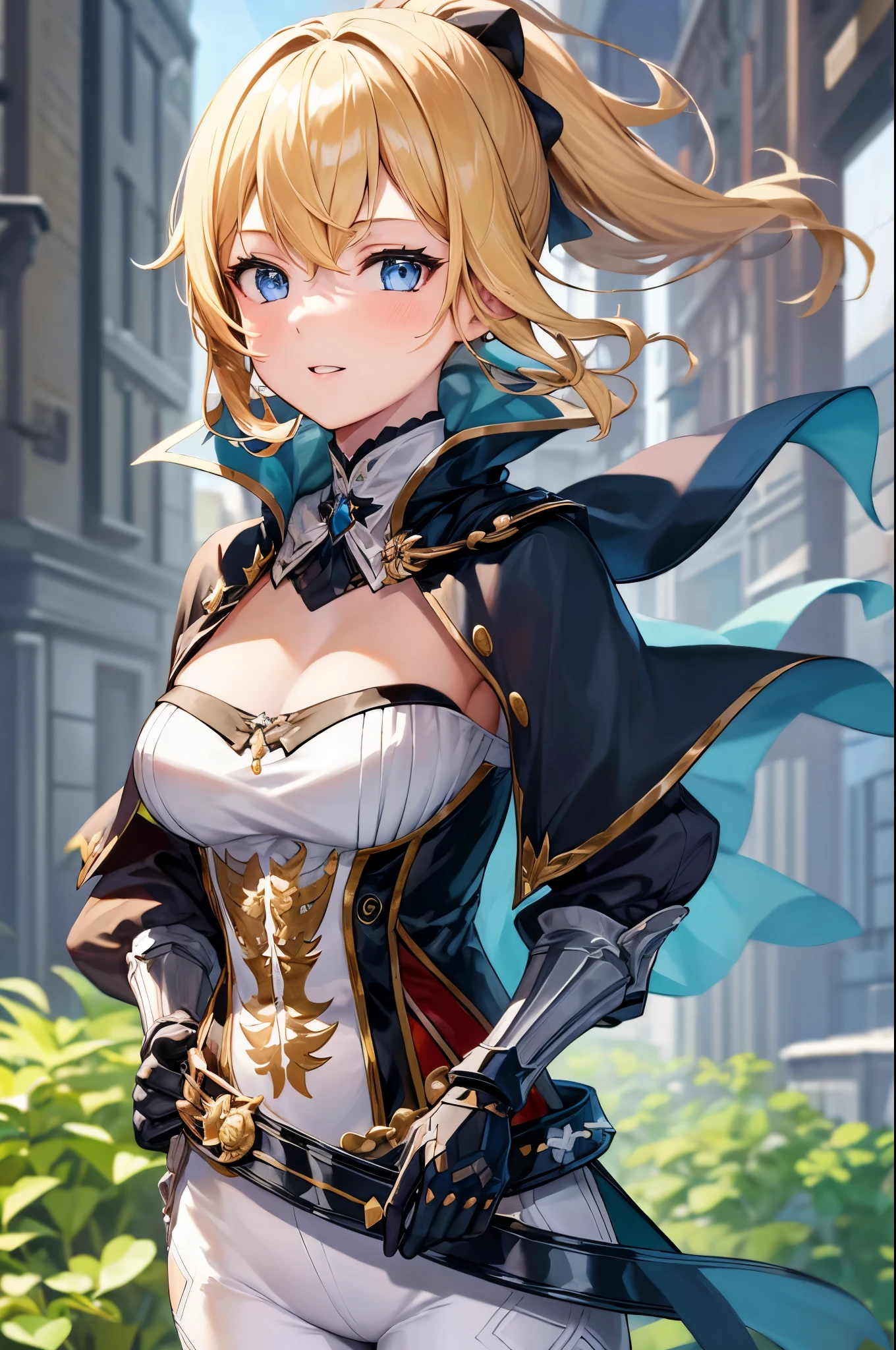 (masterpiece, best quality:1.2), expressive eyes, perfect face, highres, 1girl, solo, jeanfavonian, short hair, blonde hair, city, day, standing, happy, parted lips, hands on hip, upper body, looking at the viewer
