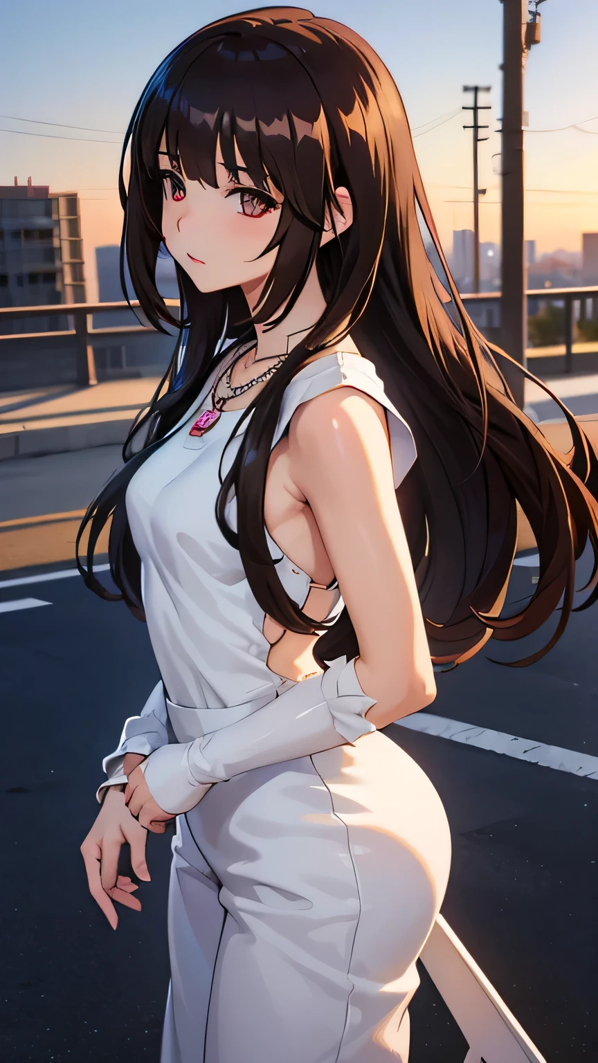  ((Anime girl with brown hair hair and white very short dress with necklace, beautiful character painting, soft anime computer graphics, realistic anime art, beautiful anime woman, Cyberpunk, futurism, tight jumpsuit, anime girl rendering, Makoto Shinkai and Artgerm, realistic 3D anime style, anime realism style, digital art in anime style, , very sexy, beautiful anime girl, random angle)),
