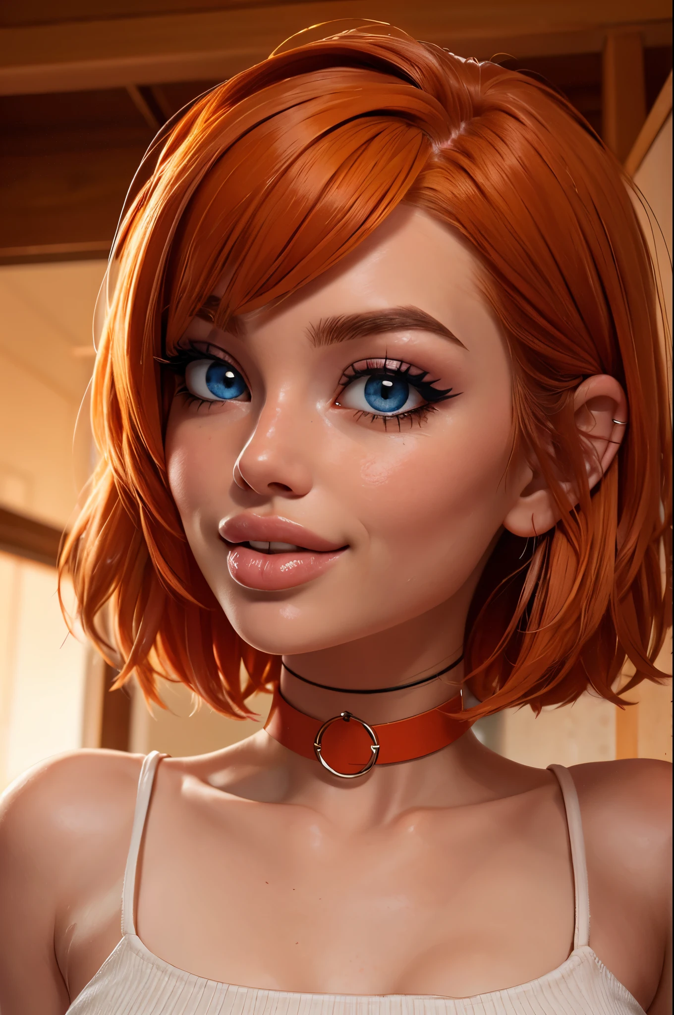 1girl, big clear eyes, eye contact, (small breasts:1.2), red choker, wide view, parted lips, pulpy lips, bright orange hair, showing off skirt, short messy hair, bangs, highly detailed, soft tones, extreme detail, no background, (detailed textures:1.1),  dramatic light, happy smile, high Depth Of Field, slight fisheye lens