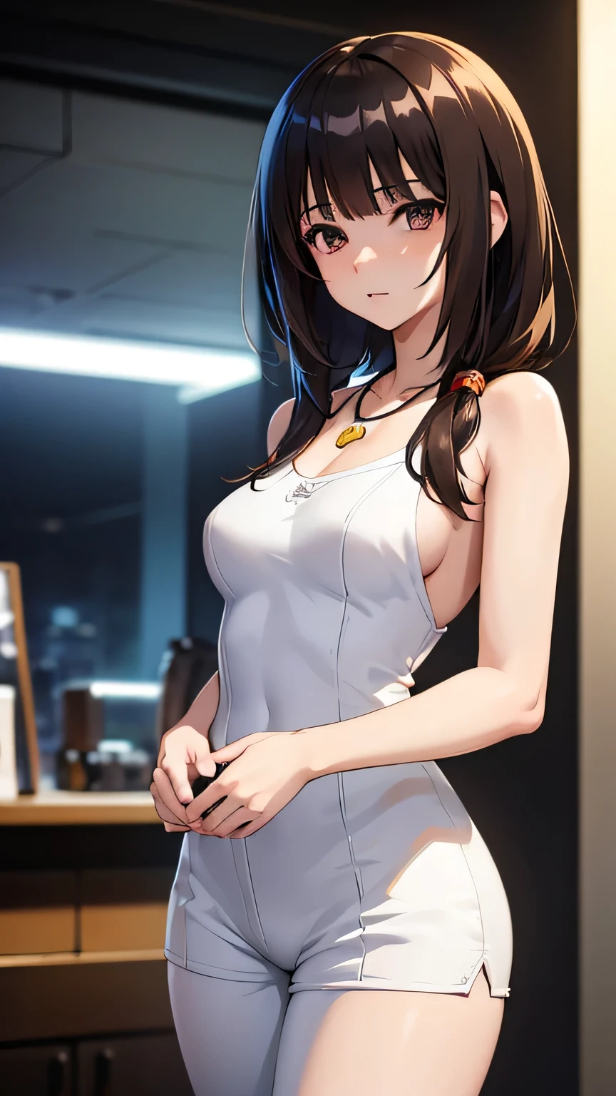 ((Anime girl with brown hair hair and white very short dress with necklace, beautiful character painting, soft anime computer graphics, realistic anime art, beautiful anime woman, Cyberpunk, futurism, tight jumpsuit, anime girl rendering, Makoto Shinkai and Artgerm, realistic 3D anime style, anime realism style, digital art in anime style, , very sexy, beautiful anime girl, random angle)),