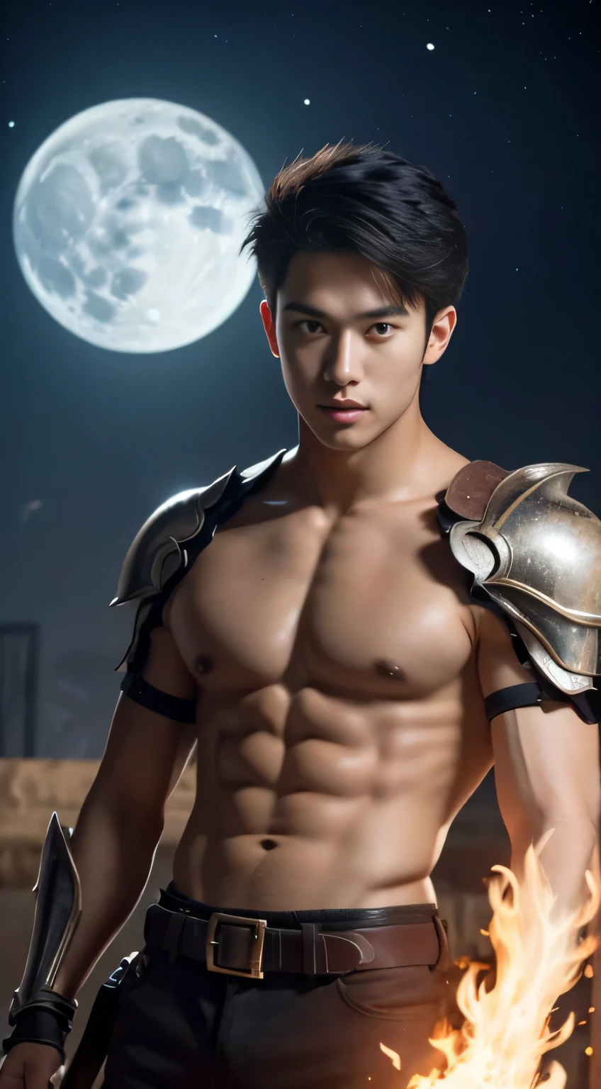 A asian boy like Mighty Archangel Michael,19 years old, handsome, Full Body Shoot, Short Quiff hairstyle, (eyes contact), look at camera, detailed facial parts, Manly, with a muscular constitution :: high detail, is in battle armor, flaming blue sword of golden pearls, a flaming sacred aura radiating from his body, without wings, moon background, surreal, fantasy, magical, intricate details, (dynamic upper body posture: 1.1), depth of field. Best quality, masterpiece, ultra high resolution, (anime realism, photorealistic: 1.4), perfect composition, centered, symmetry