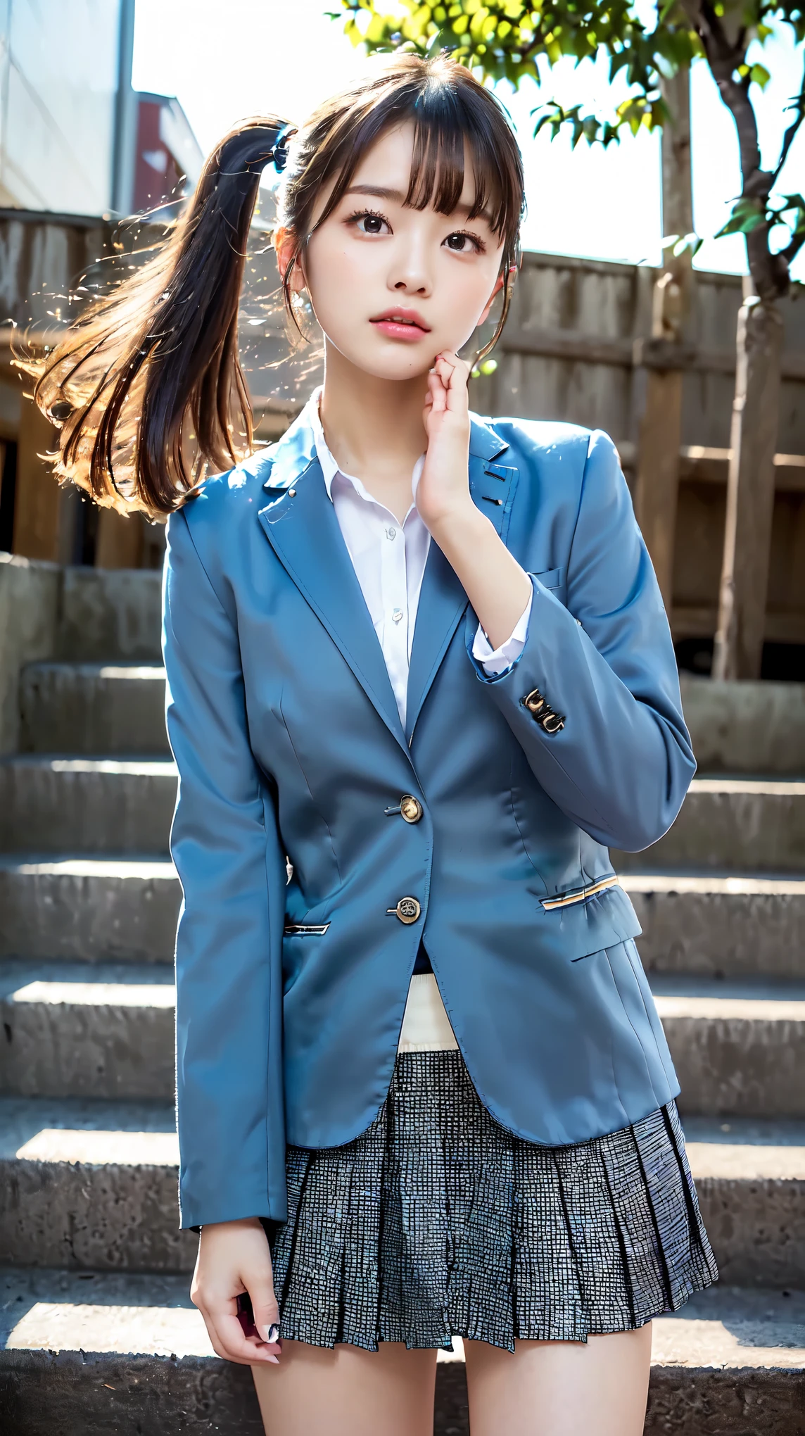 (Beautiful and detailed skin,Perfect Anatomy),At dusk,Sunset sky,,cute,Black Hair,ponytail, full body shot, Beautiful detailed girl, Highly detailed face, Detailed beautiful eyes, ((Japanese Girls, High , School Blazer:1.5)), City stairs、looking up from the bottom of the stairs、Very embarrassed, ((The wind blew up her skirt、Touch the skirt with both hands:1.5))、Official Art,Highly detailed CG Unity 8k wallpaper, (masterpiece:1.0),(highest quality:1.0), photo shoot, 8k, Browsing Caution, High resolution, Kodak Portrait 400, Film Grain, Lens flare brilliance,View your viewers