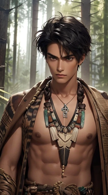 1 boy,Handsome，tall and strong,perfect male figure, eyes looking at camera, ((tanned skin)),forest，（primitive），feather hair accessories，Antler cap，Tribal totem，((Painted))，hide，black hair,serious expression,((animal bone necklace)),Ray tracing