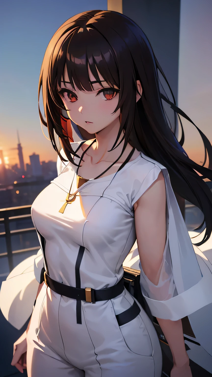 ((Anime girl with brown hair hair and white very short dress with necklace, beautiful character painting, soft anime computer graphics, realistic anime art, beautiful anime woman, Cyberpunk, futurism, tight jumpsuit, anime girl rendering, Makoto Shinkai and Artgerm, realistic 3D anime style, anime realism style, digital art in anime style, , very sexy, beautiful anime girl, random angle)), ropa corta muy delgada y ligera com el aire, transparente como el aire,