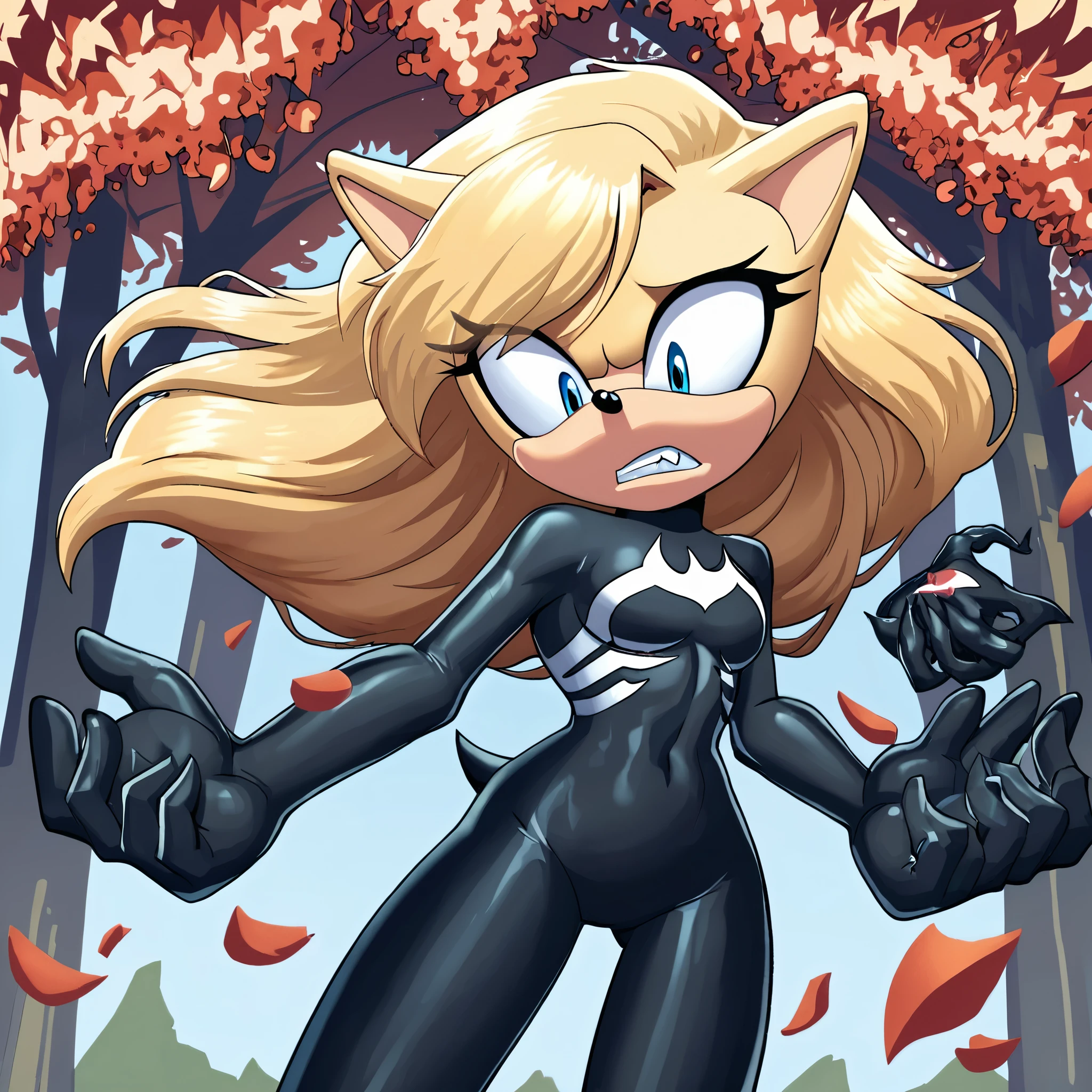 score_9, score_8_up, score_7_up, ((Masterpiece)), high quality, studio quality, 1girl, Female, mobian, ((hedgehog)), 1girl, solo, forest background, blonde fur, long hair, blue irises, hair bangs, beautiful young woman Venomized, long strabarry blonde hair, soft blue eyes with a hint of mystery, wearing Venom Symbiote Suit, looking down at herself with a scared expression
