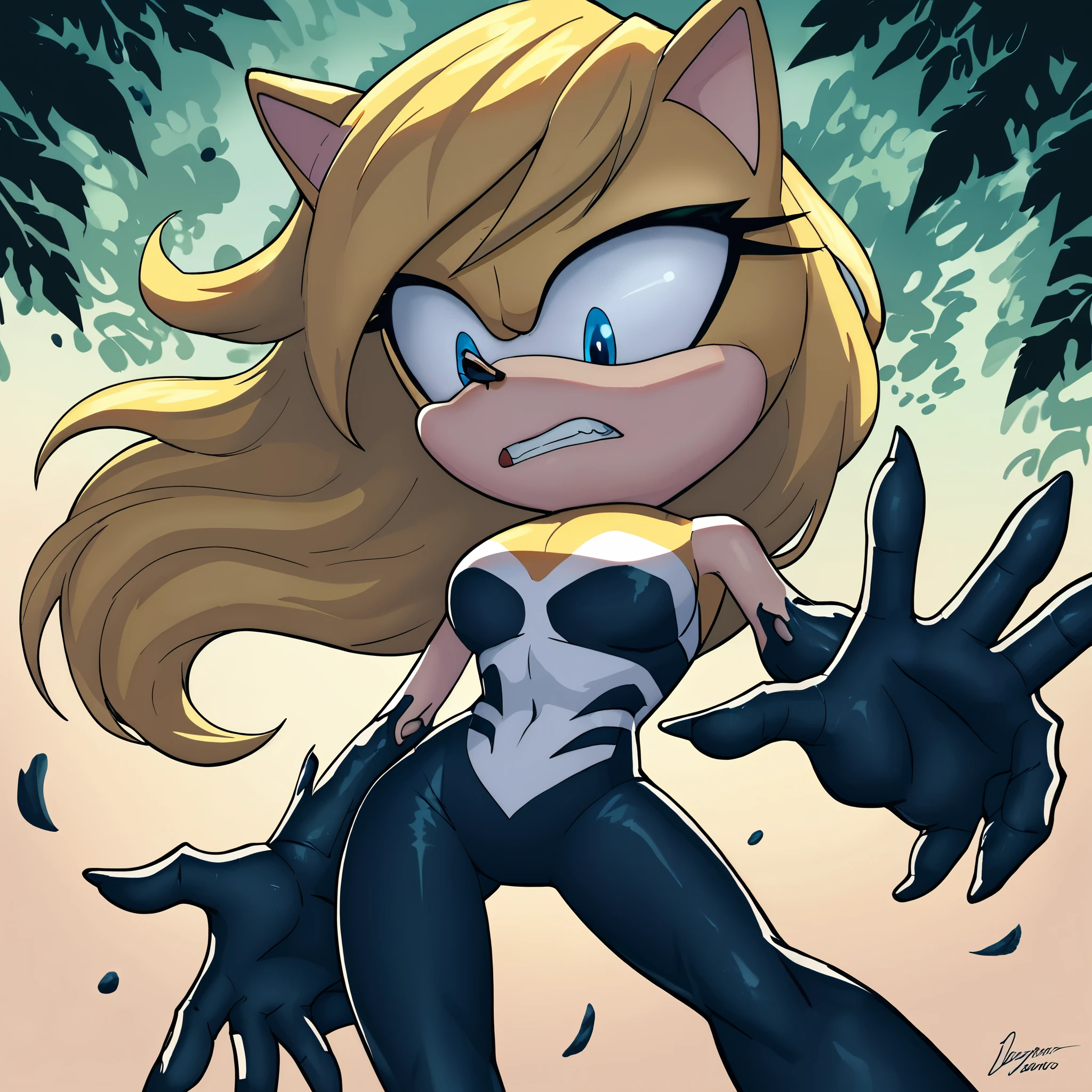 score_9, score_8_up, score_7_up, ((Masterpiece)), high quality, studio quality, 1girl, Female, mobian, ((hedgehog)), 1girl, solo, forest background, blonde fur, long hair, blue irises, hair bangs, beautiful young woman Venomized, long strabarry blonde hair, soft blue eyes with a hint of mystery, wearing Venom Symbiote Suit, looking down at herself with a scared expression
