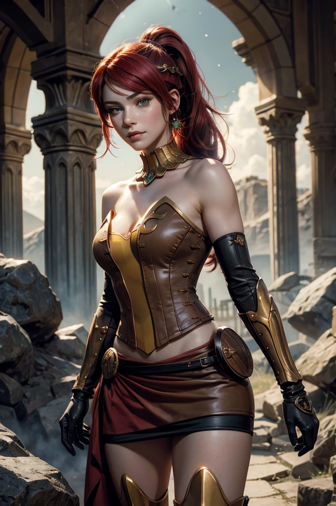 stunning girlfriend, heart shaped face, elegant face, beautiful face, highly detailed face, highly detailed skin, skin pores, subsurface scattering, realistic pupils, full lips, detailed background, depth of field, atmospheric perspective, volumetric lighting, sharp focus, absurdres, realistic proportions, good anatomy, (realistic, hyperrealistic:1.4), 16k hdr, ((best quality)), ((highly detailed)), absurdres, (detailed eyes, deep eyes), (1girl), full body, pyrrha nikos, rwby, red hair, ponytail, green eyes, medium breasts, smiling, circlet, bustier, bare shoulders, skirt, elbow gloves, bracers, armored boots, night, stars, moonlight, standing, in entrance to cave, underground pool, rocks, crowd